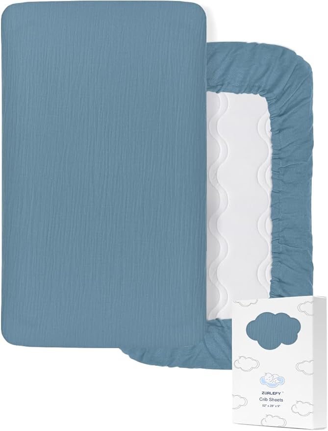 Blue Crib Sheets for Boys, Muslin Baby Crib Sheet for Standard Crib Mattress, Soft and Breathable Neutral Cotton Crib Sheets (46C-06)