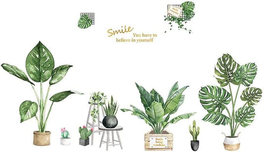 Green Plants Wall Stickers - SHCHA Tropical Plants Removable Wall Decals for Family Living Room Background Wall Decoration Kids Bedroom Kitchen Office Nursery Room Potted Wallpaper