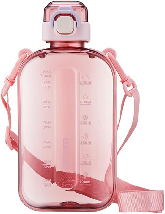 750ML Square Transparent Water Bottle, Cute Sports Water Jug with Adjustable Strap, Portable Motivational Water Bolttles for Travel, Hiking and Outdoor Workouts