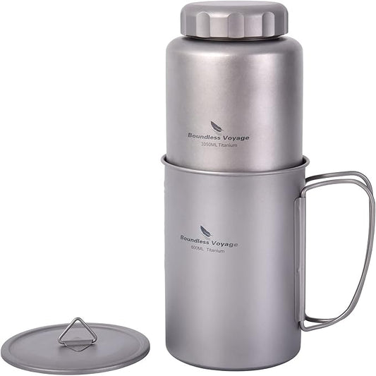 iBasingo 1050ml Titanium Bottle 600ml Nesting Cup Outdoor Camping Single Layer Wide Mouth Cookware Lightweight Portable Bottle Mug Hiking Picnic Solo Cooking Mess Kit