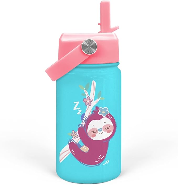 Sloth Water Bottle - Kids Water Bottle with Straw Lid - 12 Oz Insulated Stainless Steel Water Bottles for Toddlers Kid Girls - Travel Cup for School Sports