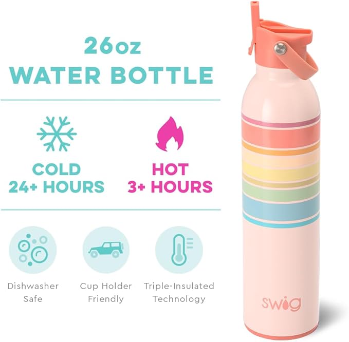 Swig Life 26oz Insulated Water Bottle with Straw & Flip + Sip Handle | Leak Proof, Dishwasher Safe, Cup Holder Friendly, Stainless Steel Water Bottle in Good Vibrations