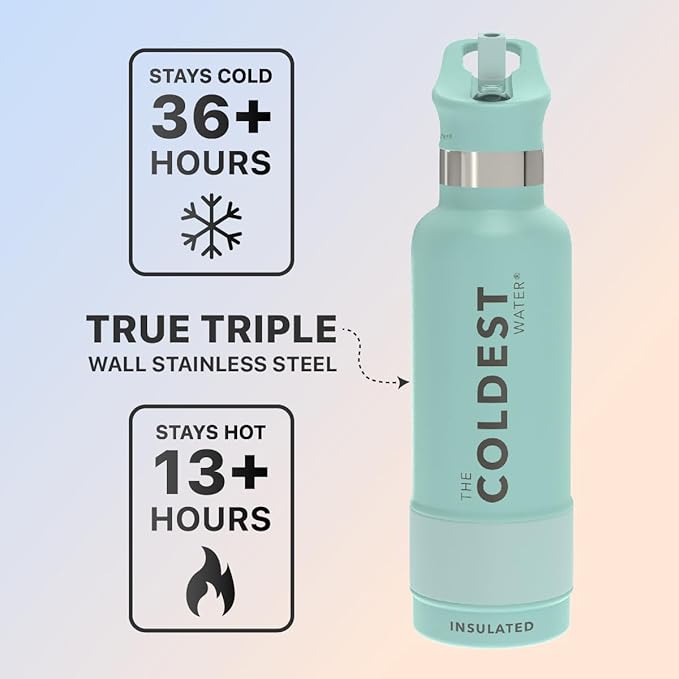 Coldest Water Bottle with Standard Mouth Straw Lid Metal Thermos Vacuum Insulated Stainless Steel l Reusable Leak Proof Cupholder Flask (12 oz Oceanic Greenl)