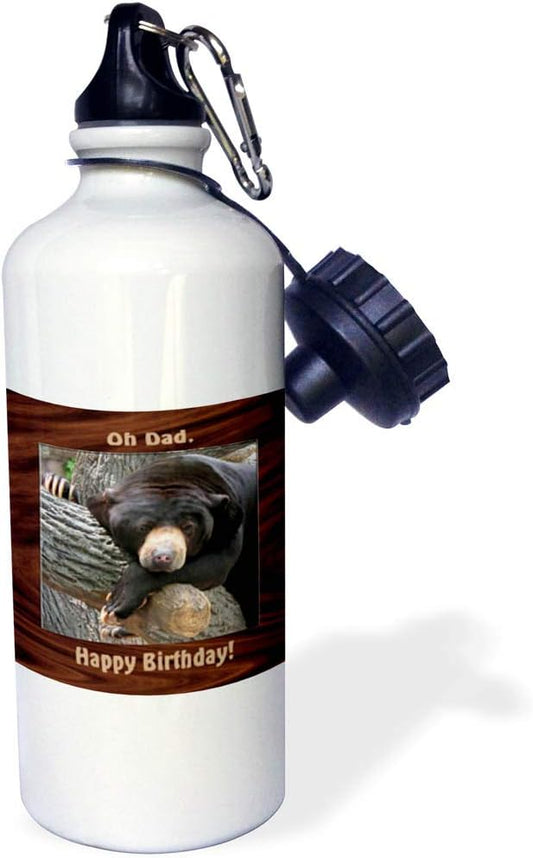3dRose "Black Bear, Oh Dad Happy Birthday" Sports Water Bottle, 21 oz, White