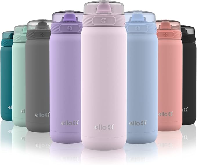 Ello Cooper 22oz Stainless Steel Water Bottle with Straw and Carry Handle, Double Walled and Vacuum Insulated Metal, Leak Proof Locking Lid with Soft Silicone Spout, Reusable, BPA Free, Cashmere Pink