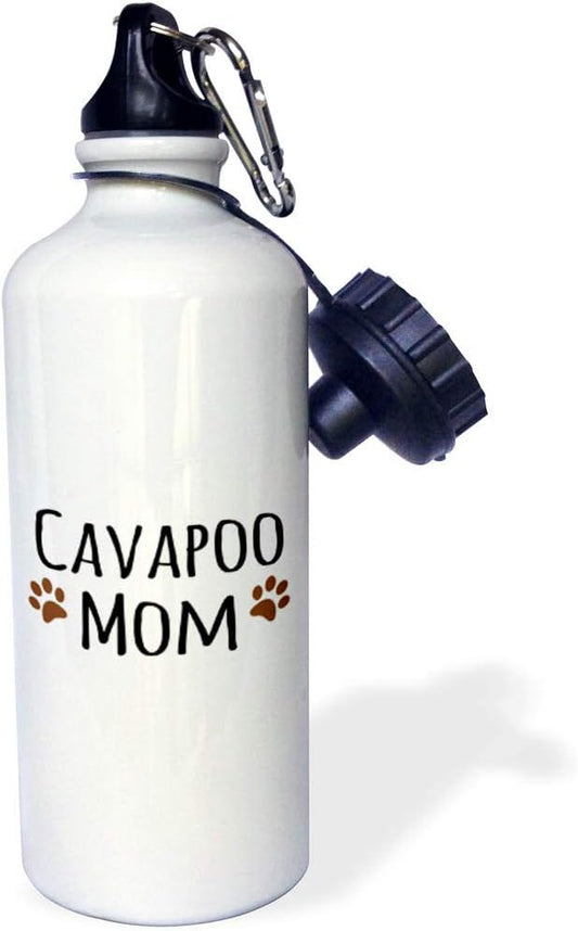 3dRose "Cavapoo Dog Mom-Doggie by breed-brown muddy paw prints love-doggy lover-proud mama pet owner" Sports Water Bottle, 21 oz, White
