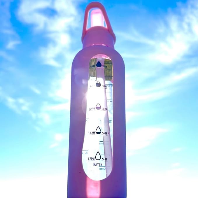Mayim 24 Oz Glass Tumbler with Straw and Handle, Reusable Motivational Glass Water Bottle with Silicone Sleeve and Time Marker, Leak Proof Borosilicate Water Bottle -Hot Pink