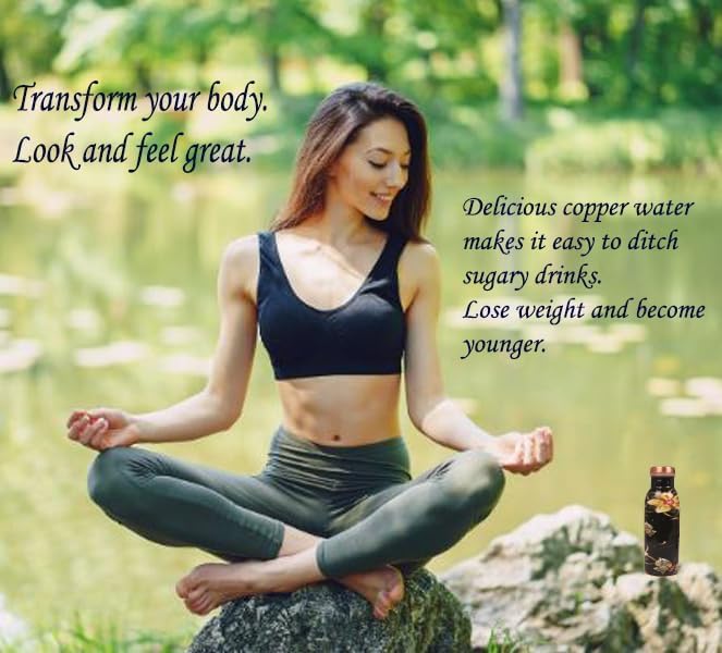 Pure Copper Water Bottle - Handcrafted - Ayurveda health benefits - Small 15 oz - Leak proof - Easy to carry for Sports, Fitness, Yoga, School - Textured Black Base Floral Colorful Enamel.