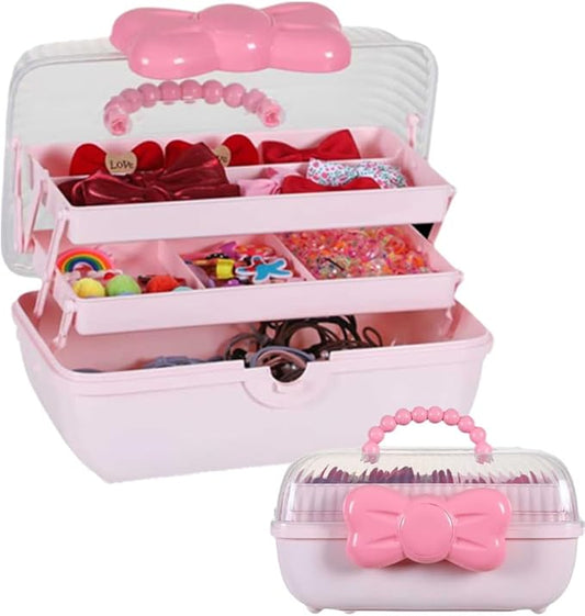 Hair Accessories Organizer for Girls Headbands, Clips, Ties Baby Girl Supplies, Lockable Three-layer Folding Craft Organizers and Storage Plastic Jewelry Box,10.8 * 5.9 * 5.7in (Pink)