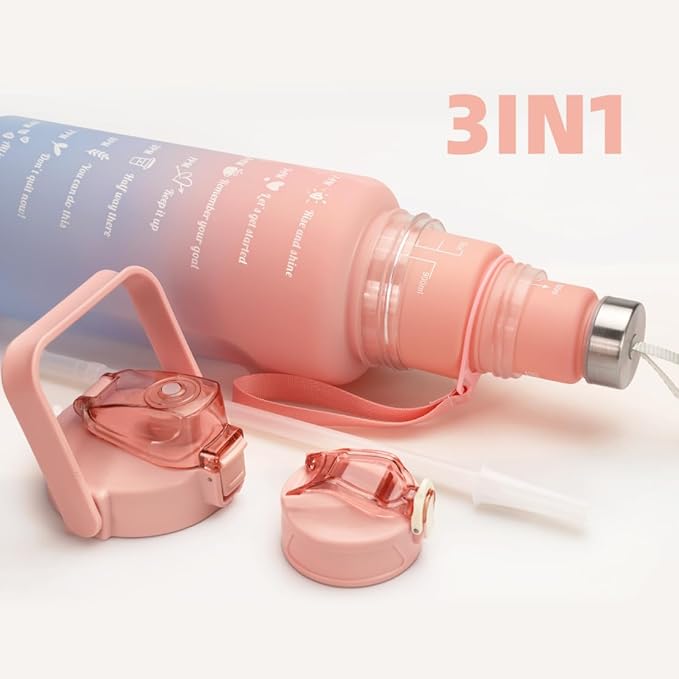 3 in 1 Set Sport Motivational Gradient With Straw Time Marker 64 oz Gradient Color 3 in 1 Set Gym water bottle blue