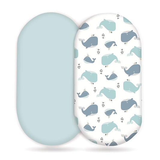 Stretchy Ultra Soft Fitted Bassinet Sheet Set 2 Pack, Universal Fit for Bassinets Baby Cradle Moses Basket Oval Rectangle Pad/Mattress, Lovely Whale Bassinet Sheets