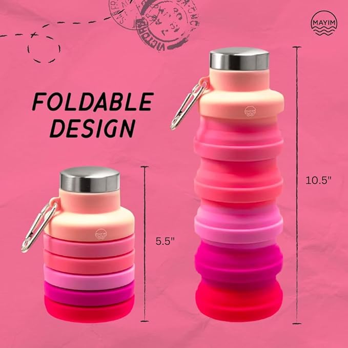 Mayim Collapsible Water Bottles Silicone Travel Tumbler with Clip for Backpack, Reusable Portable Sport Water Bottle for Gym, Camping, Hiking or Airport, 24 Oz Deep Purple