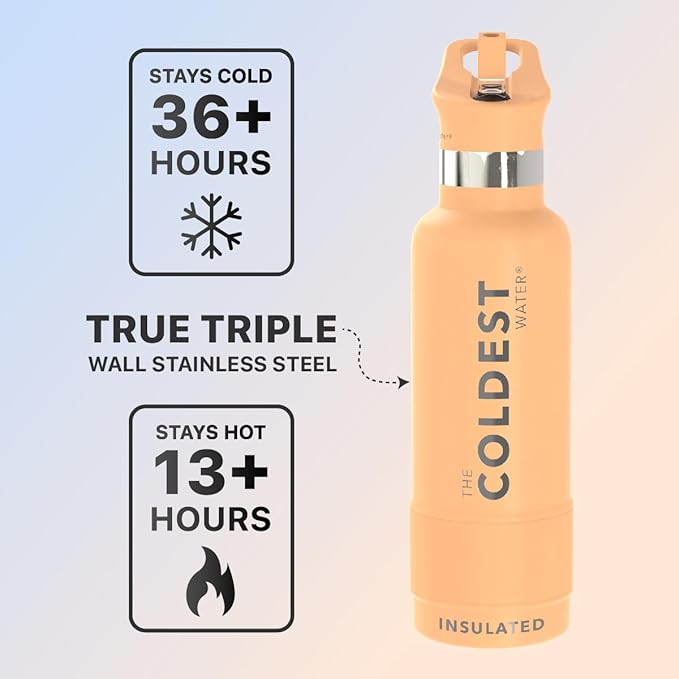 Coldest Water Bottle with Standard Mouth Straw Lid Metal Thermos Vacuum Insulated Stainless Steel l Reusable Leak Proof Cupholder Flask (21 oz, Sahara Peach)