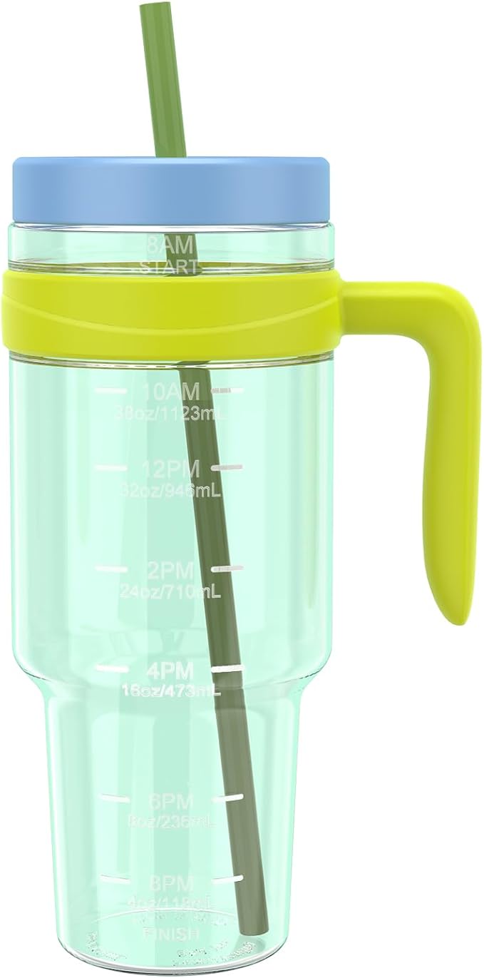 Tronco 50 oz Tritan Plastic Tumbler with Lid and Straw, BPA-Free Reusable Clear Water Bottle with Time Marker, 100% Leak Proof & Wide Mouth for Iced Coffee, Juice, Bubble Tea, Smoothies