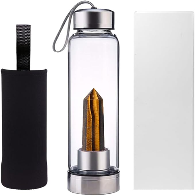Crystal Glass Water Bottle,Water Bottle With Gemstone Center Crystal Elixir Bottle,Removable Gemstones Creative Water Cup Crystal Column Magic Wand Energy Cup for Gifts (C-Tiger's Eye)