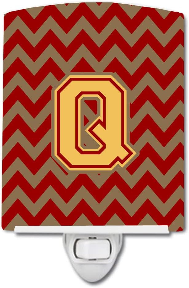Caroline's Treasures CJ1048-QCNL Letter Q Chevron Garnet and Gold Ceramic Night Light Compact, UL-Certified, Ideal for Bedroom, Bathroom, Nursery, Hallway, Kitchen, 6x4x3, Multicolor