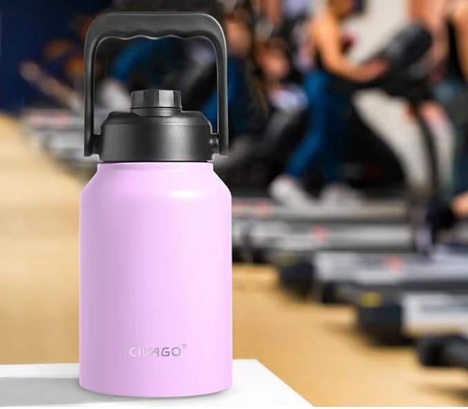 CIVAGO Gallon Insulated Water Bottle Jug with Straw, 128 oz Large Stainless Steel Sports Metal Water Canteen with Handle, Big Thermal Water Cup Mug with 2 Lids for Camping & Fishing, Lavender