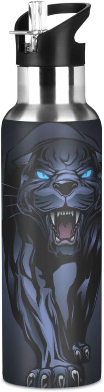 senya 34 Oz Water Bottle with Straw Roaring Black Panther Stainless Steel Water Bottle for Traveling Sports Leakproof Insulated Water Bottle