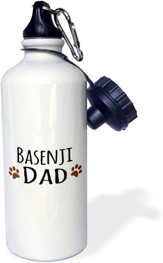3dRose "Basenji Dog Dad-Doggie by breed-brown muddy paw prints-doggy lover love pet owner" Sports Water Bottle, 21 oz, White