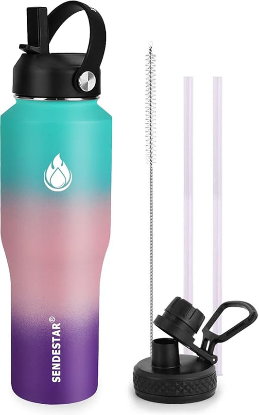 SENDESTAR Water Bottle 32oz,2 Lids(Straw lid),Wide Mouth Stainless Steel Vacuum Insulated Double Wall Keep Liquids Cold or Hot All Day,Sweat Proof Sport Design,Fit Car Cup Holder(Hydrangea)