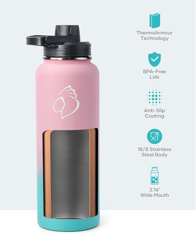 BUZIO Water Bottle with Straw lid, Spout Lid, Hand Lid and Carrying Pouch, 32oz 40oz 64oz Stainless Steel Water Flask Jug, Cold for 48 Hrs Hot for 24 Hrs Double Vacuum Thermo Canteen Mug, BPA-Free