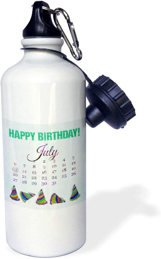 3dRose July 13th, Glitter Look Happy Birthday and Colorful Hats-Sports Water Bottle, 21oz , Multicolored