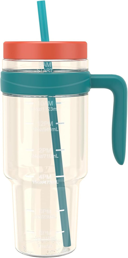 Tronco 50 oz Tritan Plastic Tumbler with Lid and Straw, BPA-Free Reusable Clear Water Bottle with Time Marker, 100% Leak Proof & Wide Mouth for Iced Coffee, Juice, Bubble Tea, Smoothies