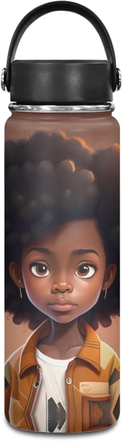 African Stainless Steel Water Bottle with Handle Vacuum Insulated Water Bottles 20 oz Metal Flask Afro American Travel Cup Coffee Mug Wide Mouth Bottle Leak Proof Reusable