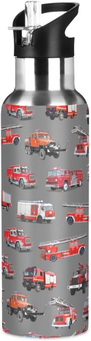 Fire Truck Stainless Steel Water Bottle with Straw Lid - 20 Oz Sports Insulated Water Bottle Thermos for Sport Gym Outdoor Travel School (DZ006)