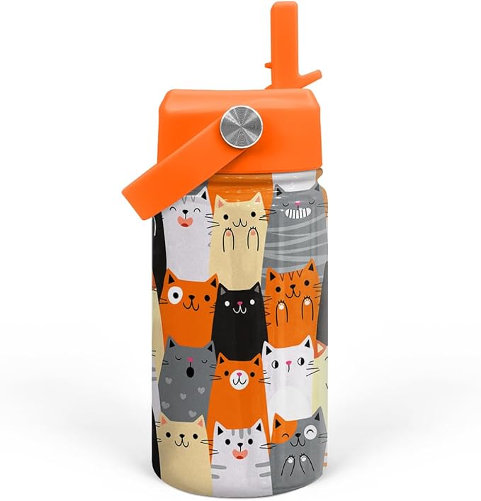 Cat Water Bottle - Kids Water Bottle with Straw Lid - 12 Oz Insulated Stainless Steel Water Bottles for Toddlers Kid Boys Girl - Travel Cup for School Sports