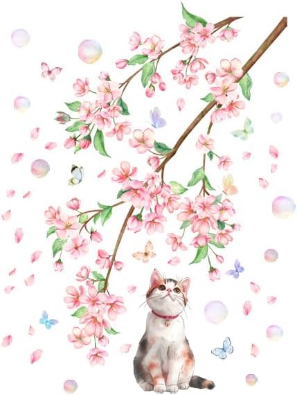 Pink Flower and Cat Wall Stickers - Set of 2, Easy to Apply, Stylish Home Decor