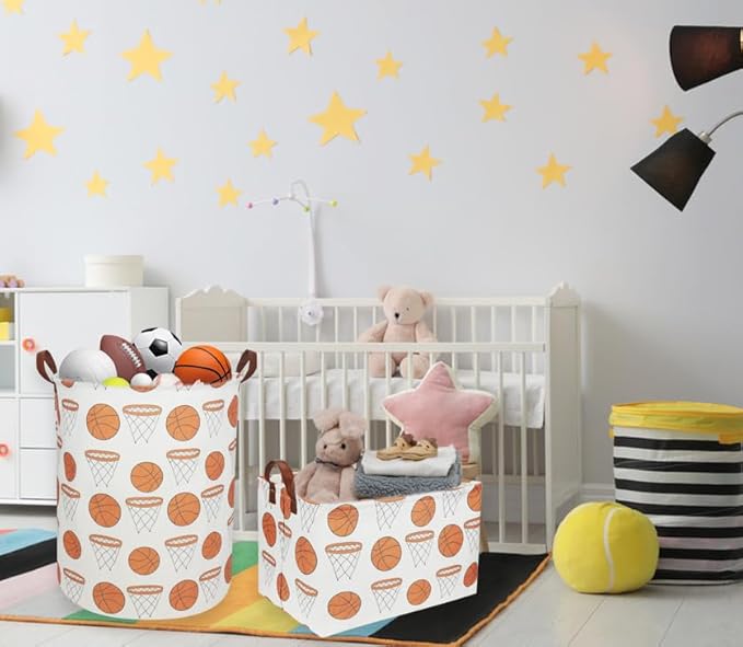 Kids Laundry Hamper,Canvas Basketball Laundry Basket Collapsible Boys Storage Baskets for Home,Office,Toy Organizer,Home Decor(basketball)