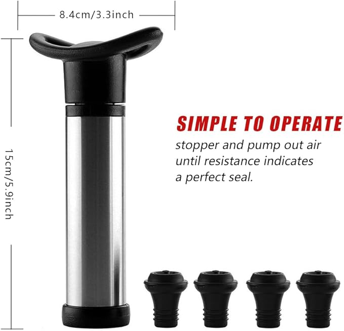 Wine Saver Pump with 4 Vacuum Stoppers, Vacuum Stoppers, Durable, Reusable, Ensures Extended Freshness, Ideal Wine Accessories Gift
