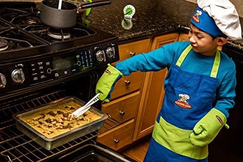Curious Chef 4-Piece Child Textile Set for Kids and Toddlers, Blue and Green Child-Sized Apron, Oven Mitts and Chef’s Hat, Real Kitchen Wear Cooking Kit