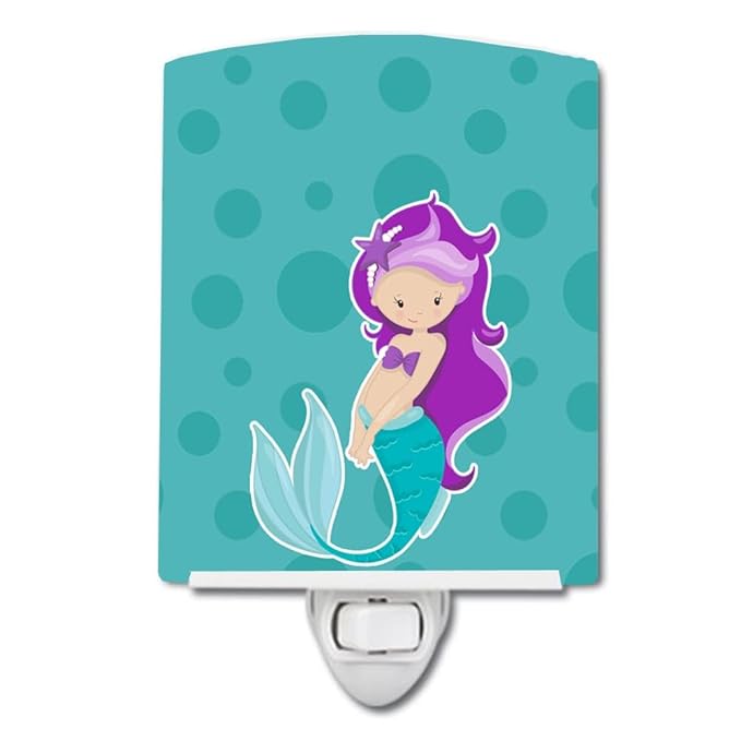 Caroline's Treasures BB8826CNL Beach Mermaid Purple Hair Ceramic Night Light Compact, UL-Certified, Ideal for Bedroom, Bathroom, Nursery, Hallway, Kitchen, 6x4x3, Multicolor
