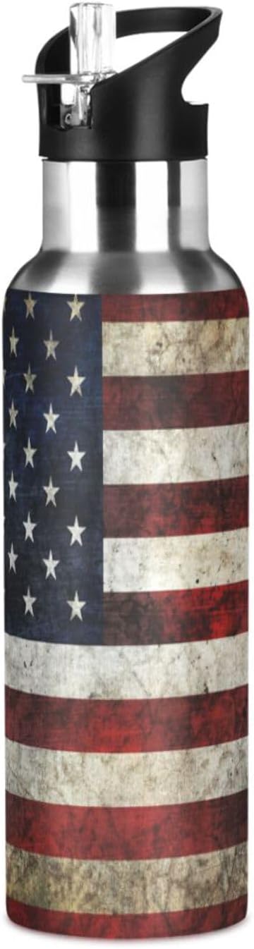 Alaza American Flag Patriotic Water Bottle With Straw Lids Boys Girls,Vacuum Insulated Leakproof Stainless-Steel Sports Bottle Thermal Flask For Gym Yoga Camping,34Oz (1000Ml)