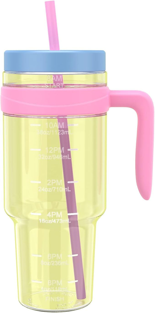 Tronco 50 oz Tritan Plastic Tumbler with Lid and Straw, BPA-Free Reusable Clear Water Bottle with Time Marker, 100% Leak Proof & Wide Mouth for Iced Coffee, Juice, Bubble Tea, Smoothies