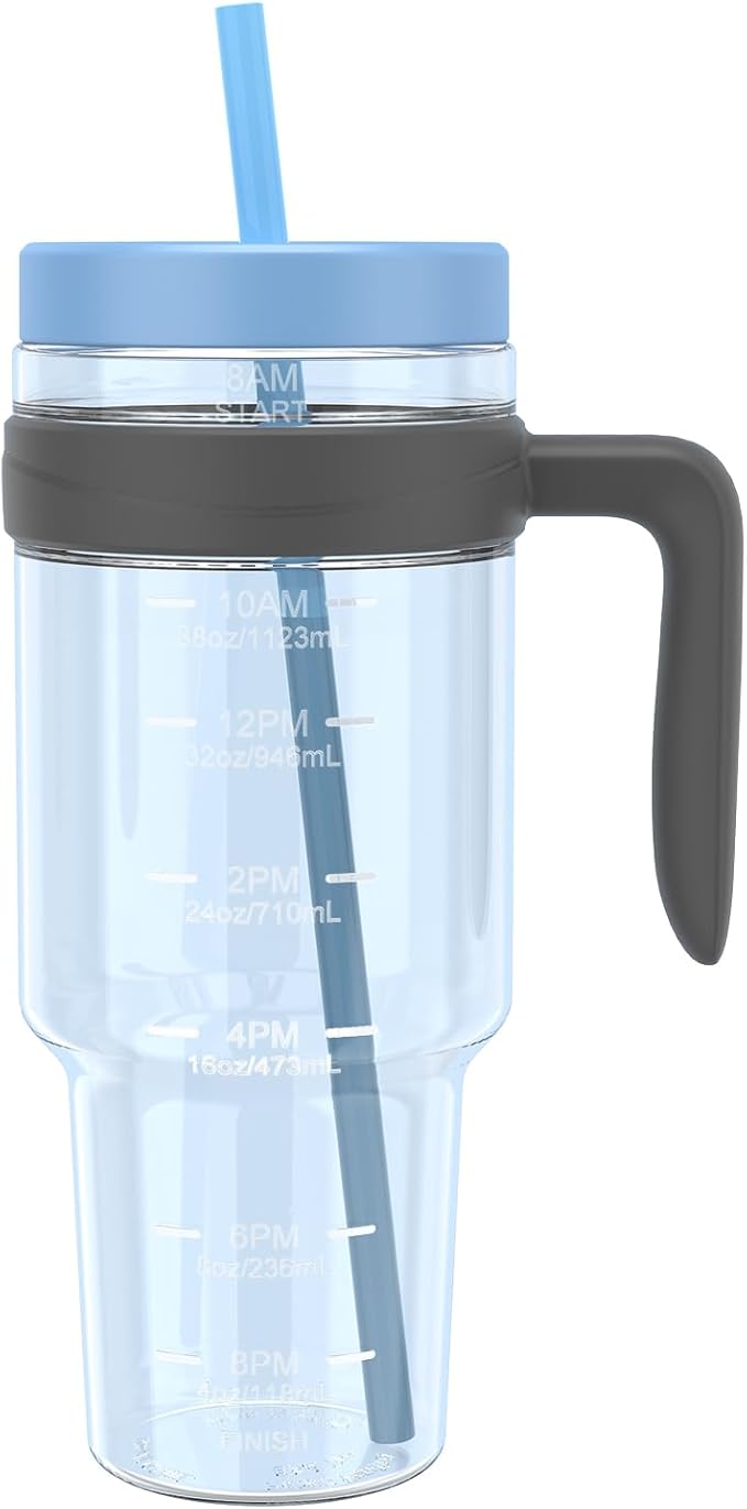 Tronco 50 oz Tritan Plastic Tumbler with Lid and Straw, BPA-Free Reusable Clear Water Bottle with Time Marker, 100% Leak Proof & Wide Mouth for Iced Coffee, Juice, Bubble Tea, Smoothies