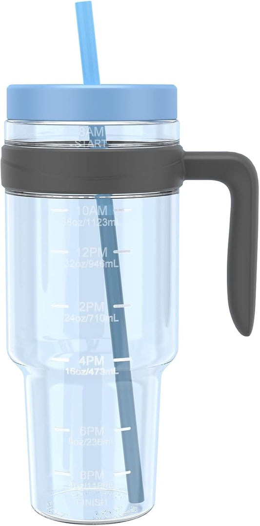 Tronco 50 oz Tritan Plastic Tumbler with Lid and Straw, BPA-Free Reusable Clear Water Bottle with Time Marker, 100% Leak Proof & Wide Mouth for Iced Coffee, Juice, Bubble Tea, Smoothies