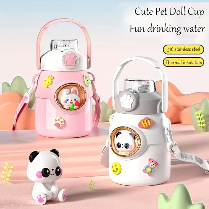 Cute Water Bottle with Strap and Straw 22oz Aesthetic Kawaii Water Bottles BPA-free Leak-proof Insulated Water Bottles for Girls Sports Travel(White), 3.93*6.69 inch
