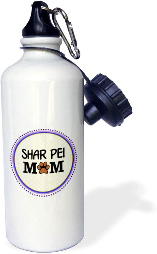 3dRose "Chinese Shar-Pei Dog Mom-Doggie mama by breed-paw print mum love-doggy lover-proud pet owner" Sports Water Bottle, 21 oz, White