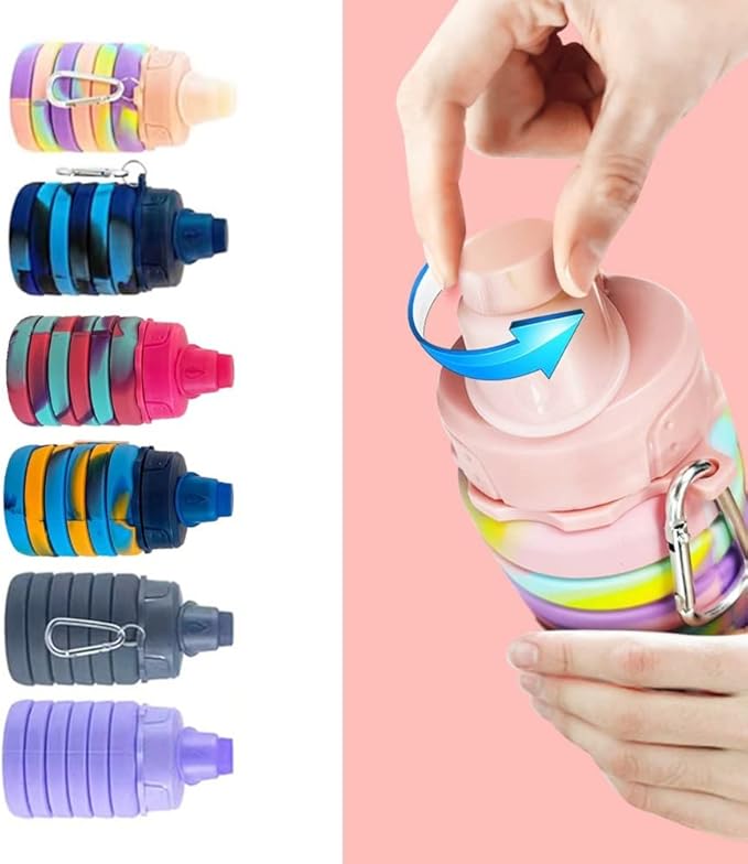 Collapsible Water Bottles 500 ml with silicone collapsible cup 200 ml.Travel Water Bottle Portable Reusable BPA Free Silicone Water Bottles. (Yellow Camouflage+Green)