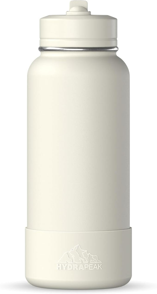 Hydrapeak 32oz Sport Insulated Water Bottle with Straw or Chug Lid, Leak & Spill Proof, Keeps Drinks Cold for 24 Hours, Hot for 12 Hours, Premium Stainless Steel Water Bottles (32oz, Ivory)