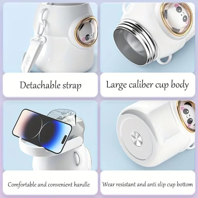 Cute Water Bottle with Strap and Straw 22oz Aesthetic Kawaii Water Bottles BPA-free Leak-proof Insulated Water Bottles for Girls Sports Travel(White), 3.93*6.69 inch