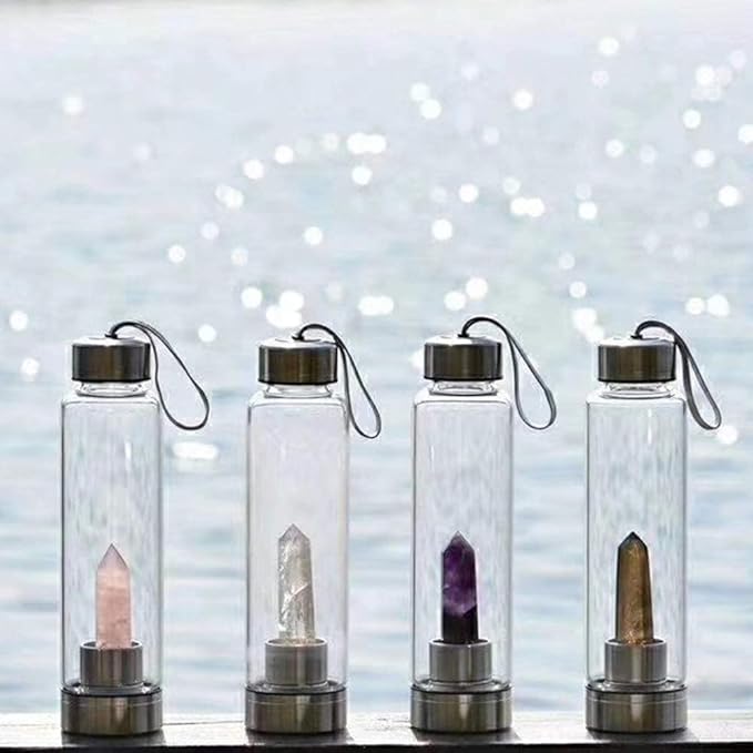 Crystal Glass Water Bottle Energy Quartz Gemstone Water Bottle with Changeable Natural Crystal Center for Healing and Wellness Jade Crystal
