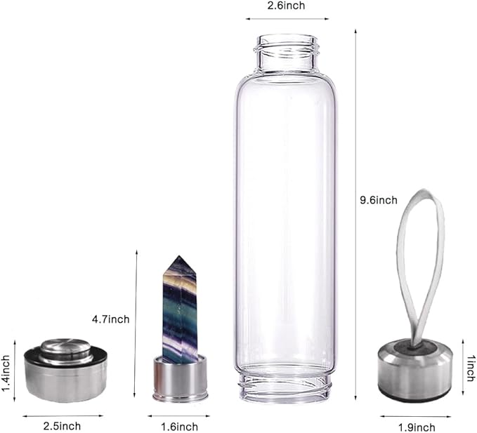 Crystal Glass Water Bottle,Water Bottle With Gemstone Center Crystal Elixir Bottle,Removable Gemstones Creative Water Cup Crystal Column Magic Wand Energy Cup for Gifts (H-Dark Colorful Fluorite)