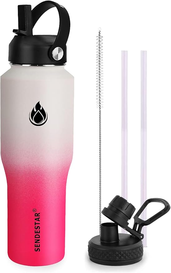 SENDESTAR Water Bottle 32oz,2 Lids(Straw lid),Wide Mouth Stainless Steel Vacuum Insulated Double Wall Keep Liquids Cold or Hot All Day,Sweat Proof Sport Design,Fit Car Cup Holder(White&Pink)