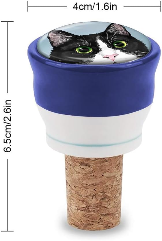 WIRESTER Set of 4 Ceramic Cork Decorative Wine Bottle Stoppers For Bar, Holiday, Party, Wedding - Cats Face On Solid Color