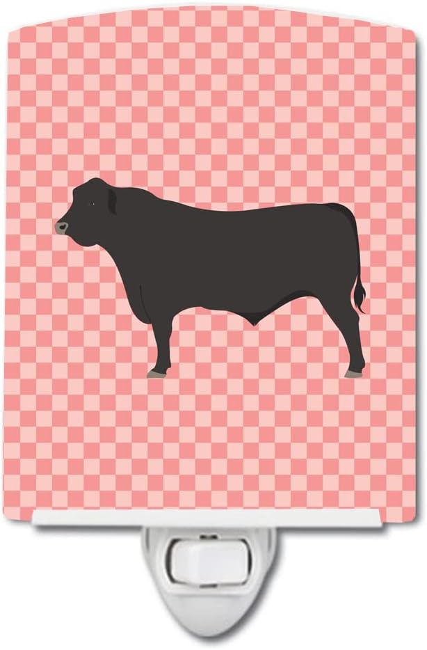 Caroline's Treasures BB7828CNL Black Angus Cow Pink Check Ceramic Night Light Compact, UL-Certified, Ideal for Bedroom, Bathroom, Nursery, Hallway, Kitchen, 6x4x3, Multicolor