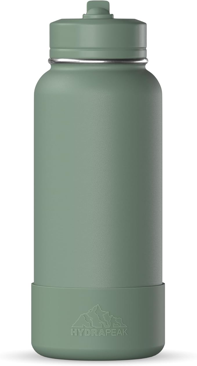 Hydrapeak 32oz Sport Insulated Water Bottle with Straw or Chug Lid, Leak & Spill Proof, Keeps Drinks Cold for 24 Hours, Hot for 12 Hours, Premium Stainless Steel Water Bottles (32oz, Sage Leaf)
